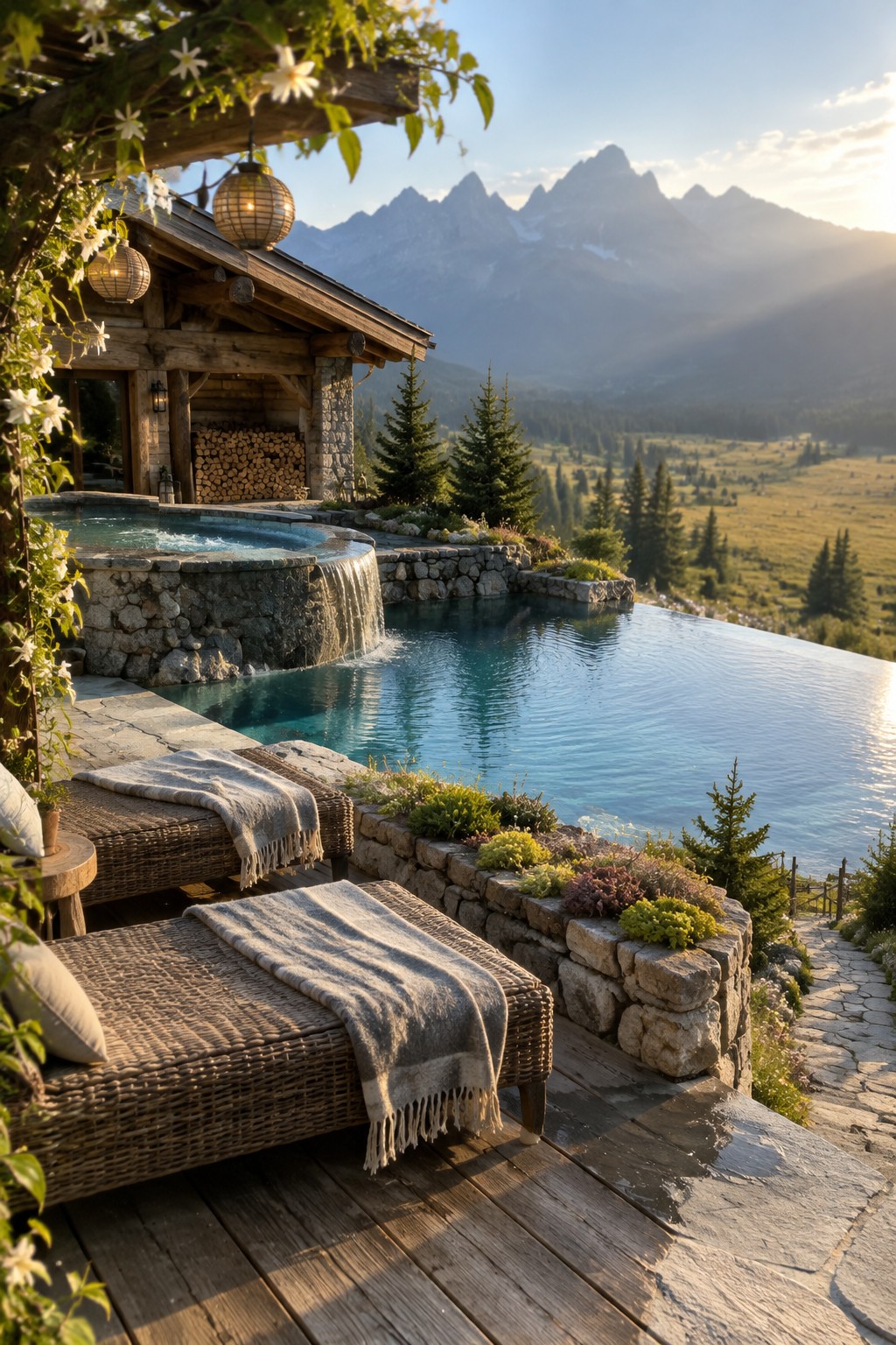 16 Dramatic Infinity Pool Designs With Mountain Views A wooden cabin exterior with an infinity pool, stone walls, and two wicker lounge chairs on a deck overlooking mountains at sunset.