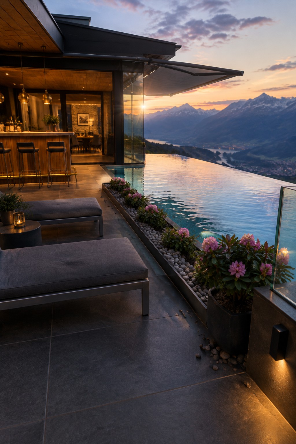 16 Dramatic Infinity Pool Designs With Mountain Views A modern terrace with a long infinity pool overlooking mountains at sunset, dark lounge chairs, and potted plants along the pool edge.