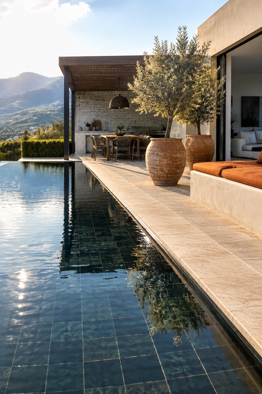 16 Dramatic Infinity Pool Designs With Mountain Views A long narrow infinity pool runs parallel to a stone patio with an outdoor dining table, chairs, and two large terracotta planters holding trees, in front of a modern house with mountain views.
