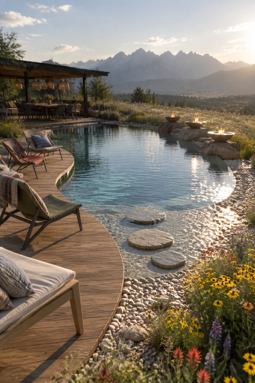 16 Dramatic Infinity Pool Designs With Mountain Views A wooden deck curves around a natural pool with circular stepping stones in shallow water, fire bowls on rocks, wildflowers, and mountain views at sunset.