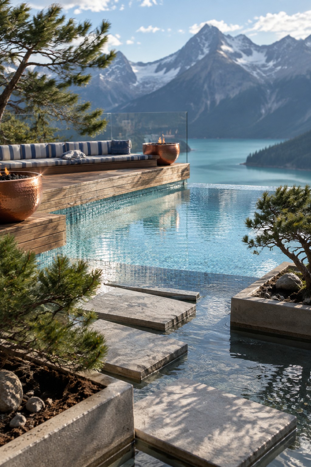 16 Dramatic Infinity Pool Designs With Mountain Views Infinity pool with stepping stones, copper fire bowls, and snow-capped mountain view