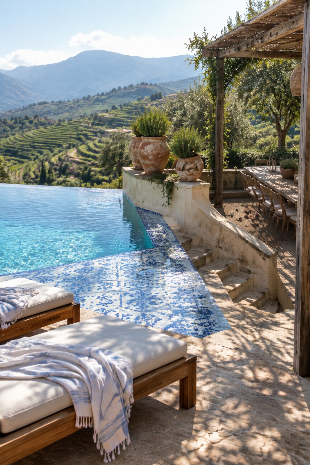 16 Dramatic Infinity Pool Designs With Mountain Views An infinity pool with blue patterned tile edge overlooks layered mountains, with two lounge chairs in the foreground and three large terracotta pots on a low stone wall next to steps leading to a wooden pergola.