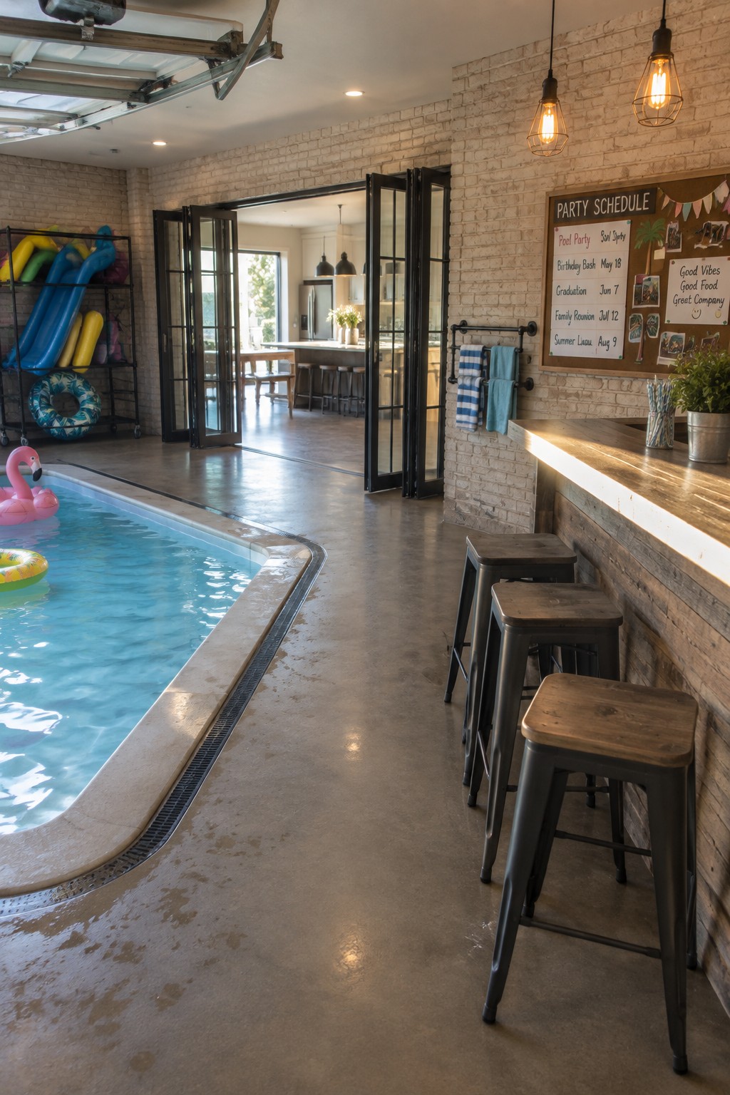 An indoor pool area with a wooden bar counter, metal stools, brick walls, and inflatable toys in the water.