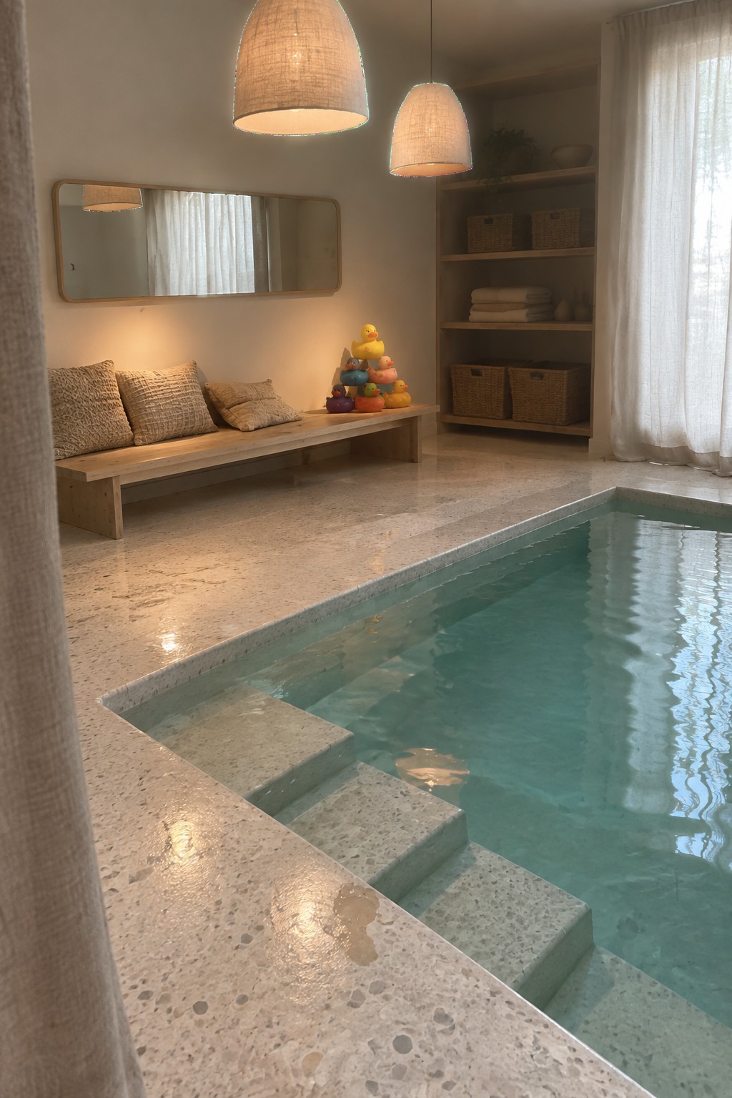 An indoor pool with terrazzo flooring, built-in steps, a wooden bench with cushions, rubber duck toys, and open wooden shelves holding baskets and folded towels.