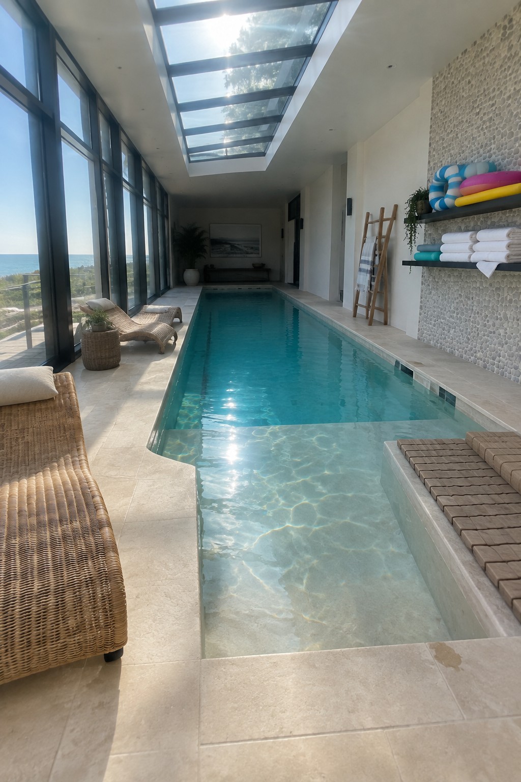 Sunlit indoor lap pool with ocean view, wicker lounges, and pebble wall