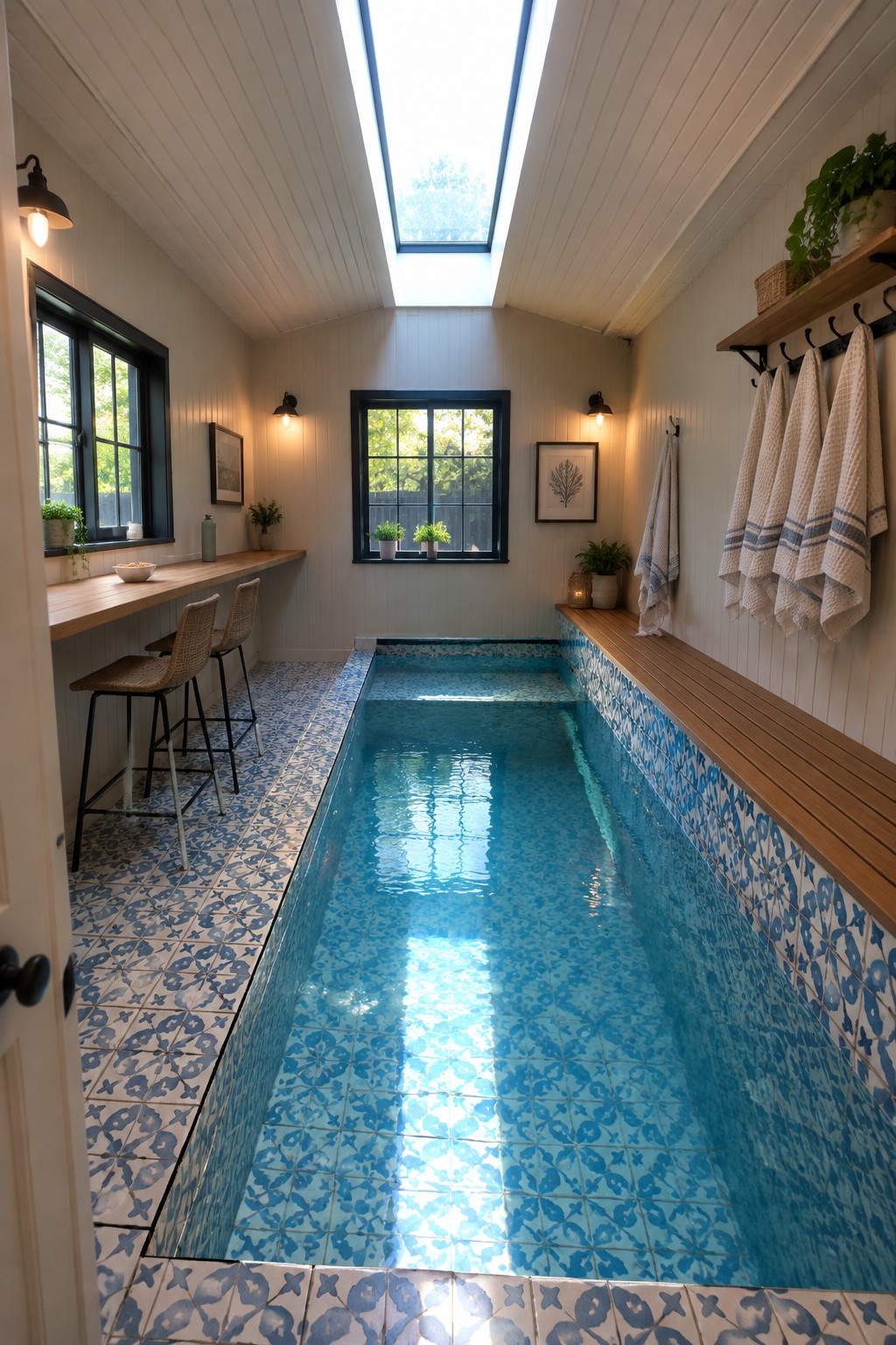 A long narrow indoor pool with blue and white patterned tiles, wooden benches along both sides, and a skylight above in a white room.