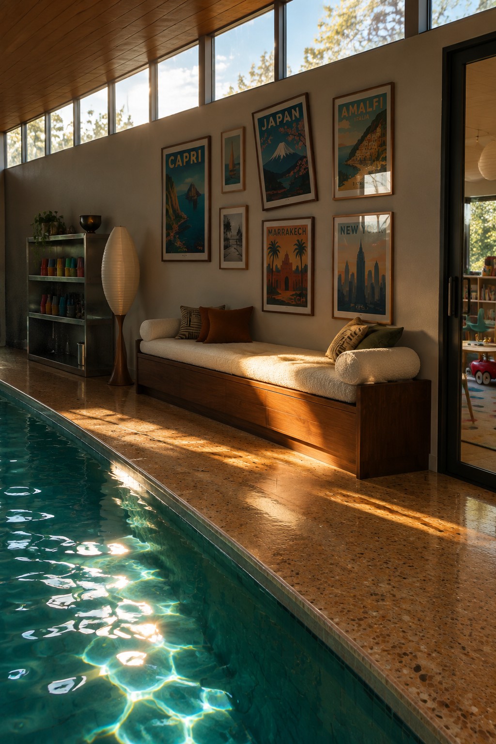 An indoor pool with a long wooden built-in bench covered in white cushions and pillows, travel posters on the wall above it, and large windows letting in sunlight.