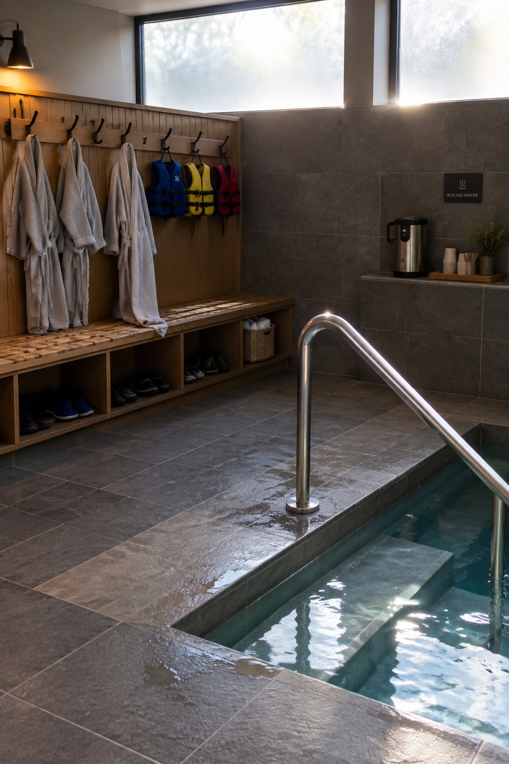 An indoor pool area with a long wooden bench that has cubbies holding shoes, hooks with robes and colorful life vests, and a metal handrail beside the water.