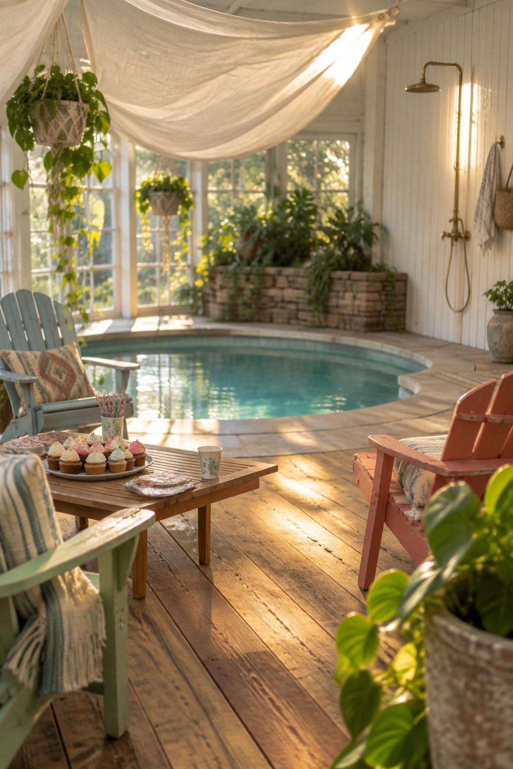 Sunlit indoor pool with colorful Adirondack chairs, wooden table of cupcakes, and hanging plants.