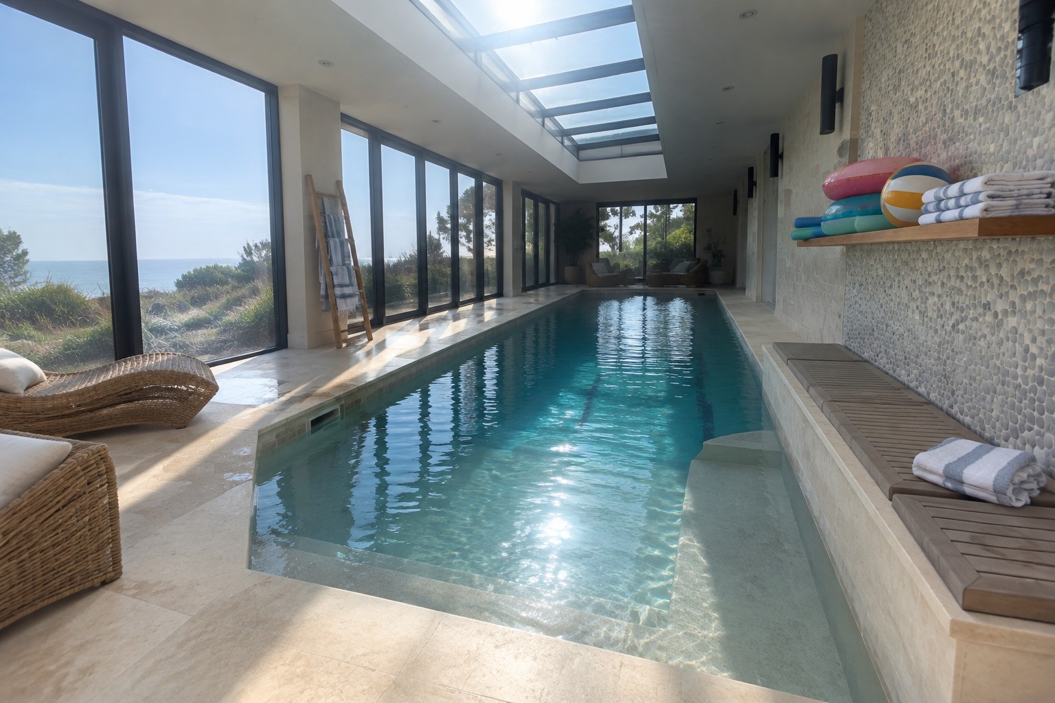 Sunlit indoor lap pool with ocean view, wicker lounges, and pebble wall