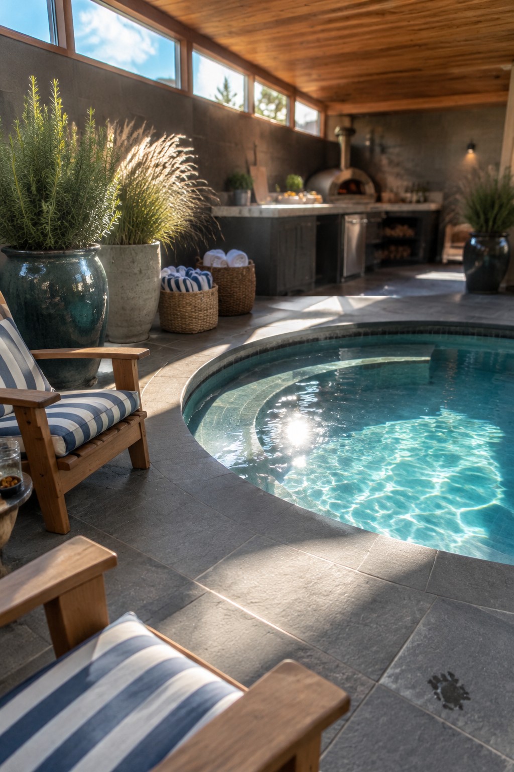 An indoor pool with a wide stone deck, wooden lounge chairs with striped cushions, potted plants, and a pizza oven visible in the background.