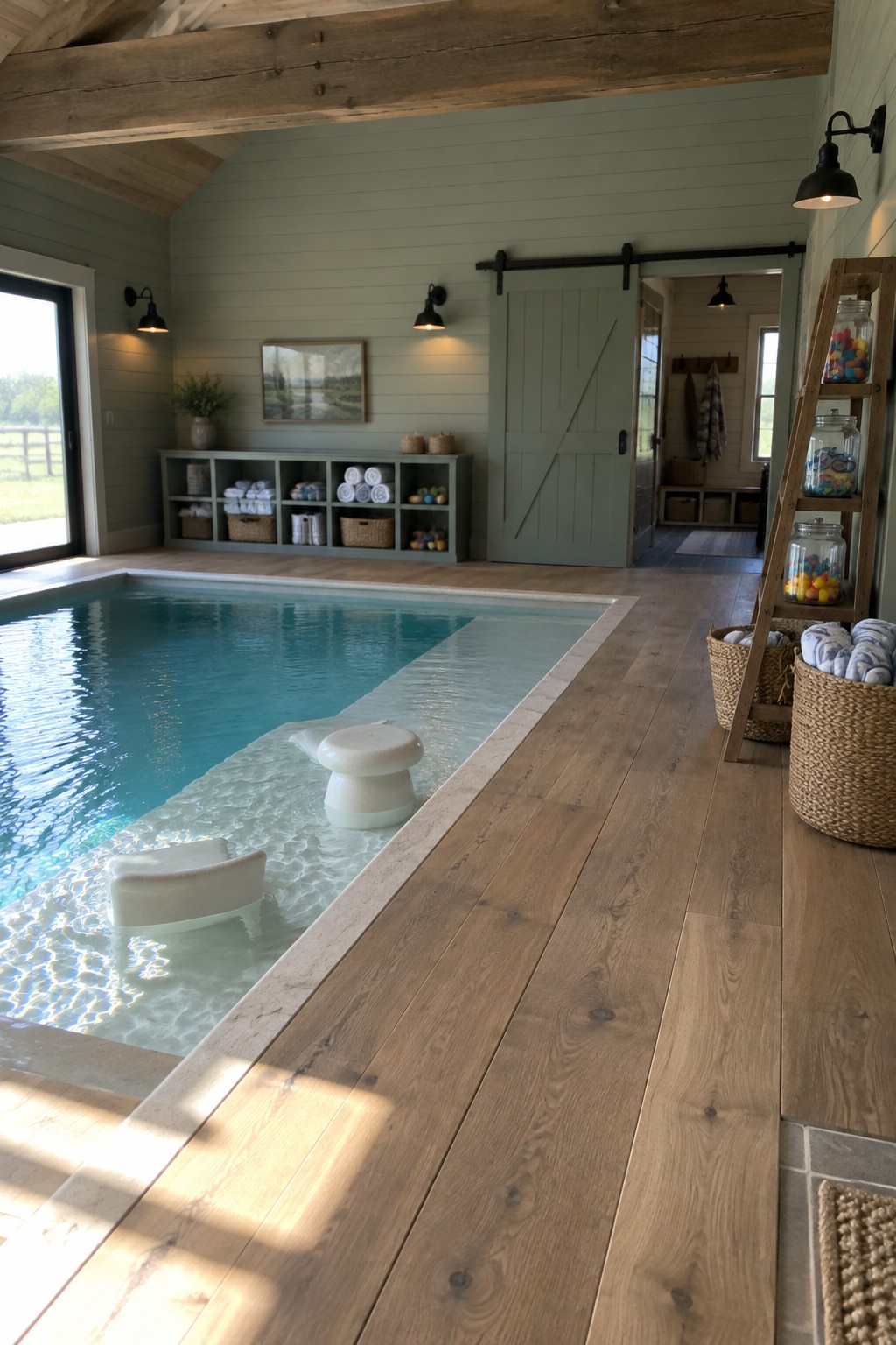 Rustic indoor pool with turquoise water, wooden floors, and sage walls.