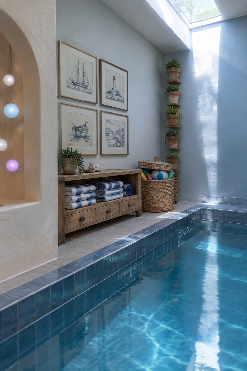 An indoor pool with blue tile borders, a wooden bench holding striped towels, a woven basket with colorful balls, and framed nautical prints on the wall.