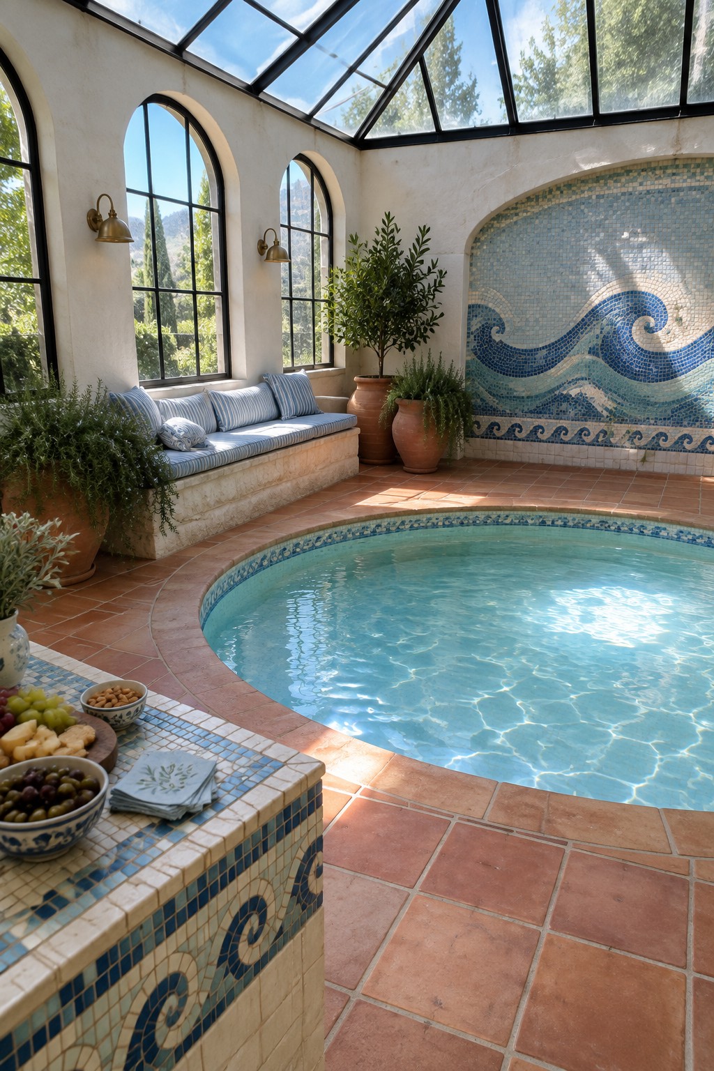 An indoor pool room with a glass ceiling, arched windows, a round turquoise pool, built-in bench seating, and mosaic tile walls.