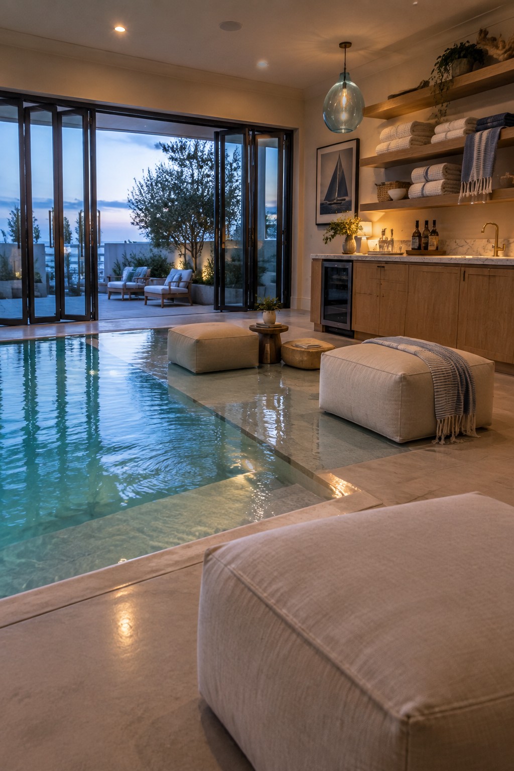 An indoor pool with a wet edge deck and large bi-fold glass doors open to an outdoor patio at dusk, with ottomans and a bar area visible inside.