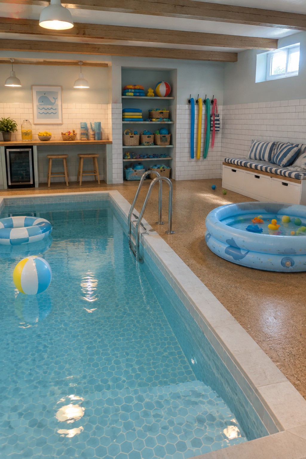 An indoor home pool with blue tile, metal ladder, open wall shelves stocked with pool toys and floats, hooks holding colorful noodles, built-in bench seating, and a small inflatable pool on the side.