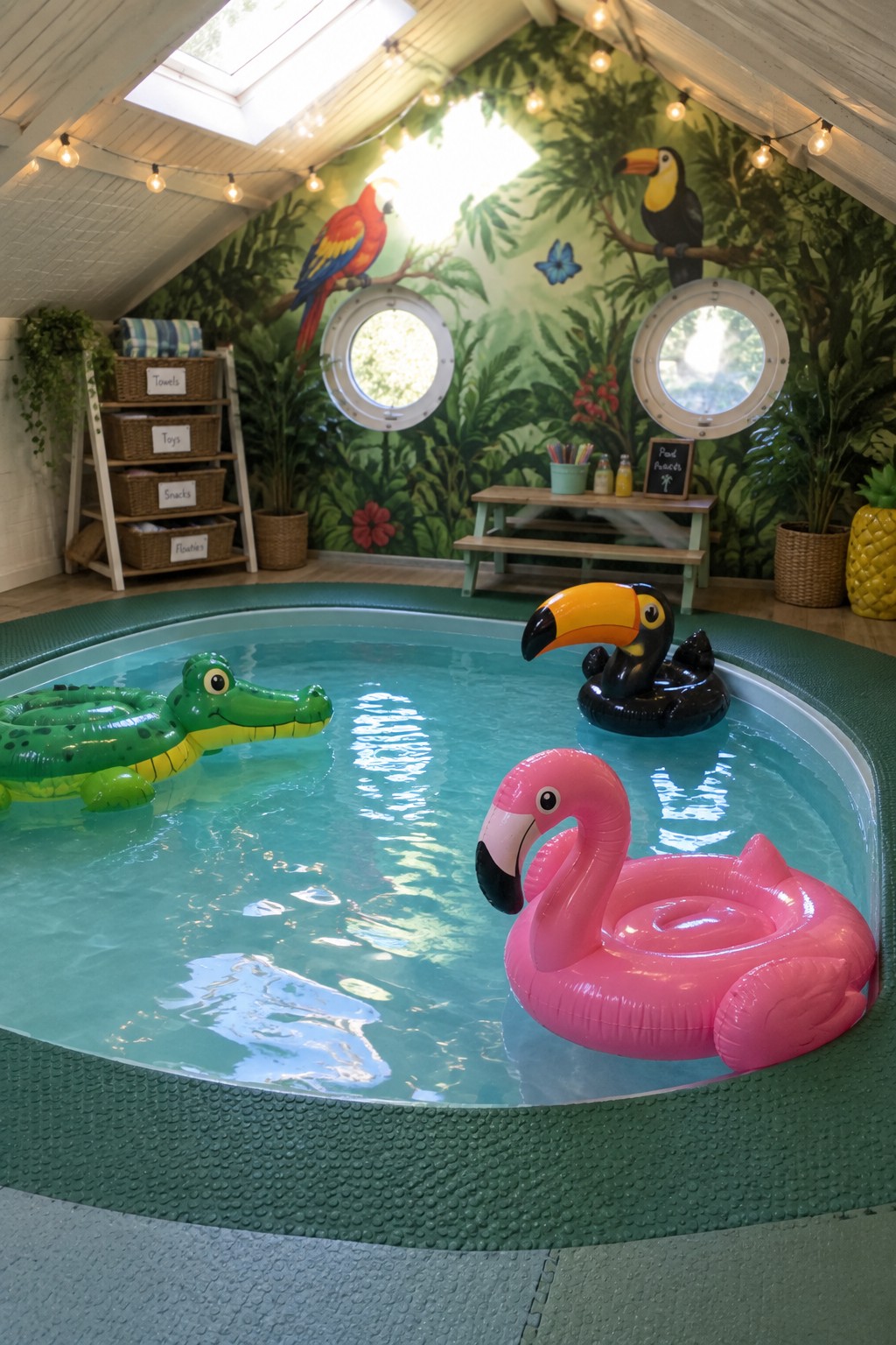 Indoor pool with green crocodile, pink flamingo, and black toucan inflatables in tropical room