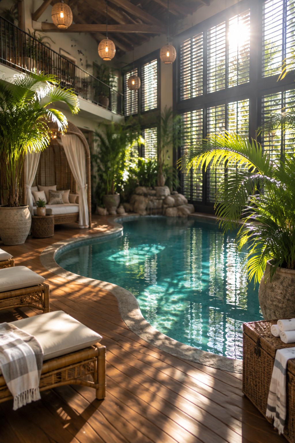 An indoor pool with curved wood decking, wicker lounge chairs, large potted plants, and hanging woven lights.