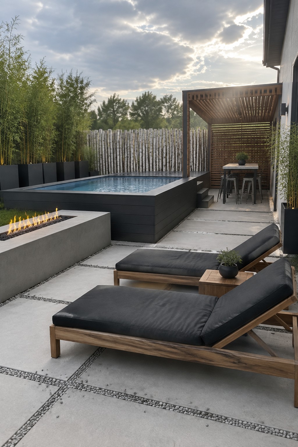18 Inviting Above Ground Pool and Fire Pit Ideas for Backyard Entertaining Modern patio with black lounge chairs, fire pit, pool and wooden pergola