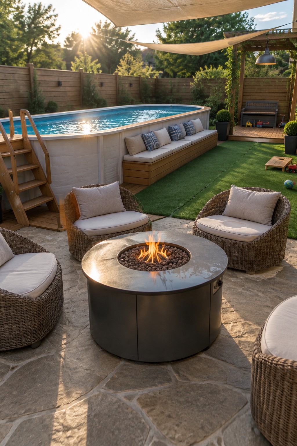 18 Inviting Above Ground Pool and Fire Pit Ideas for Backyard Entertaining A backyard with an above-ground pool, a round fire pit centered on a stone patio, and four wicker chairs with cushions arranged around it.