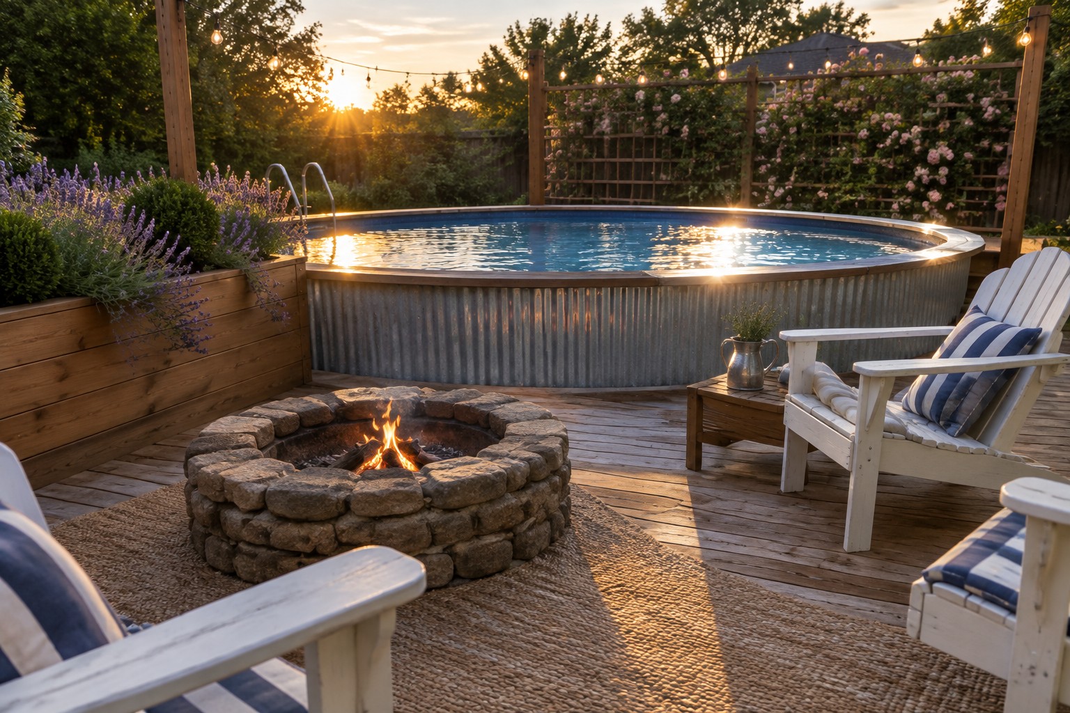 A wooden deck with a round above-ground pool, a stone fire pit with burning wood, white Adirondack chairs with blue striped cushions, a small wooden table, and string lights overhead at sunset.