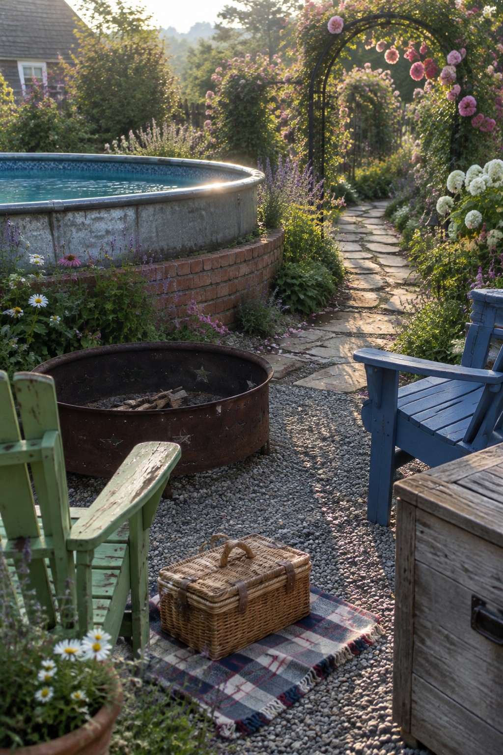 18 Inviting Above Ground Pool and Fire Pit Ideas for Backyard Entertaining A round metal fire pit on gravel beside an above-ground pool, with wooden Adirondack chairs and a wicker basket on a plaid blanket.