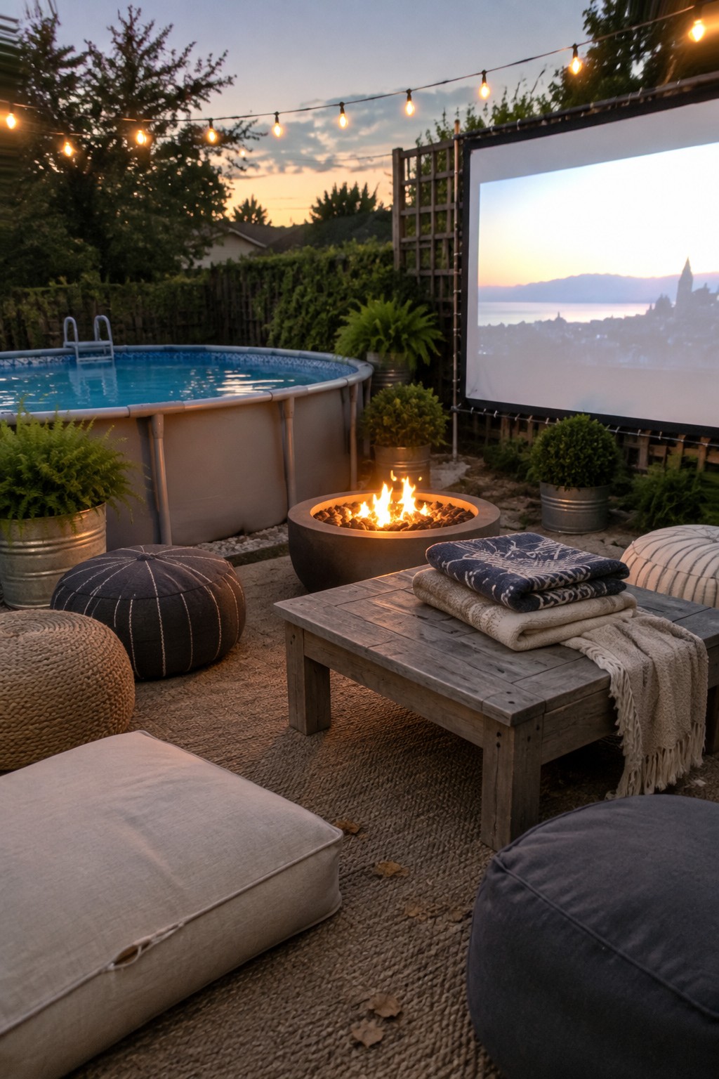 18 Inviting Above Ground Pool and Fire Pit Ideas for Backyard Entertaining Cozy backyard at dusk with fire pit, pool, movie screen, string lights, and poufs.
