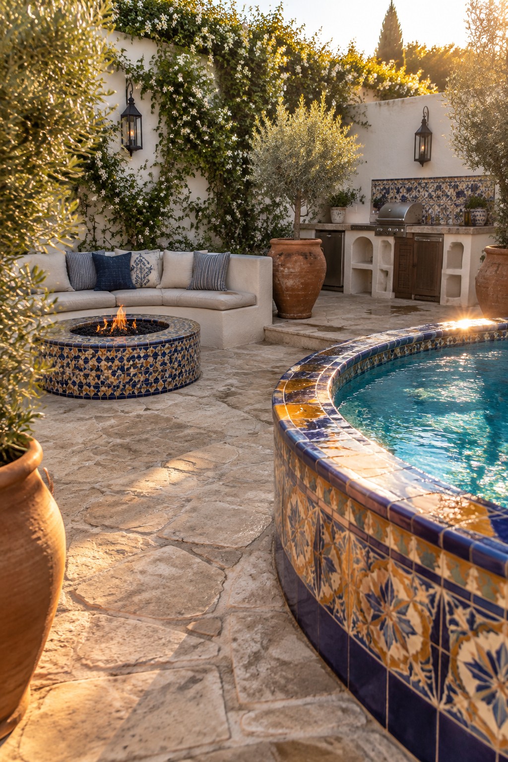 18 Inviting Above Ground Pool and Fire Pit Ideas for Backyard Entertaining A stone patio with a curved blue and yellow tiled above-ground pool beside a matching circular tiled fire pit with built-in seating.