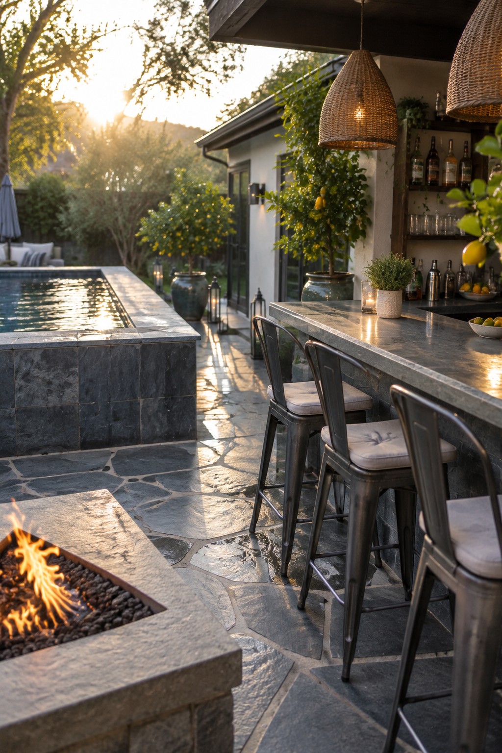 18 Inviting Above Ground Pool and Fire Pit Ideas for Backyard Entertaining Outdoor stone bar with metal stools, fire pit, pool, and sunset glow