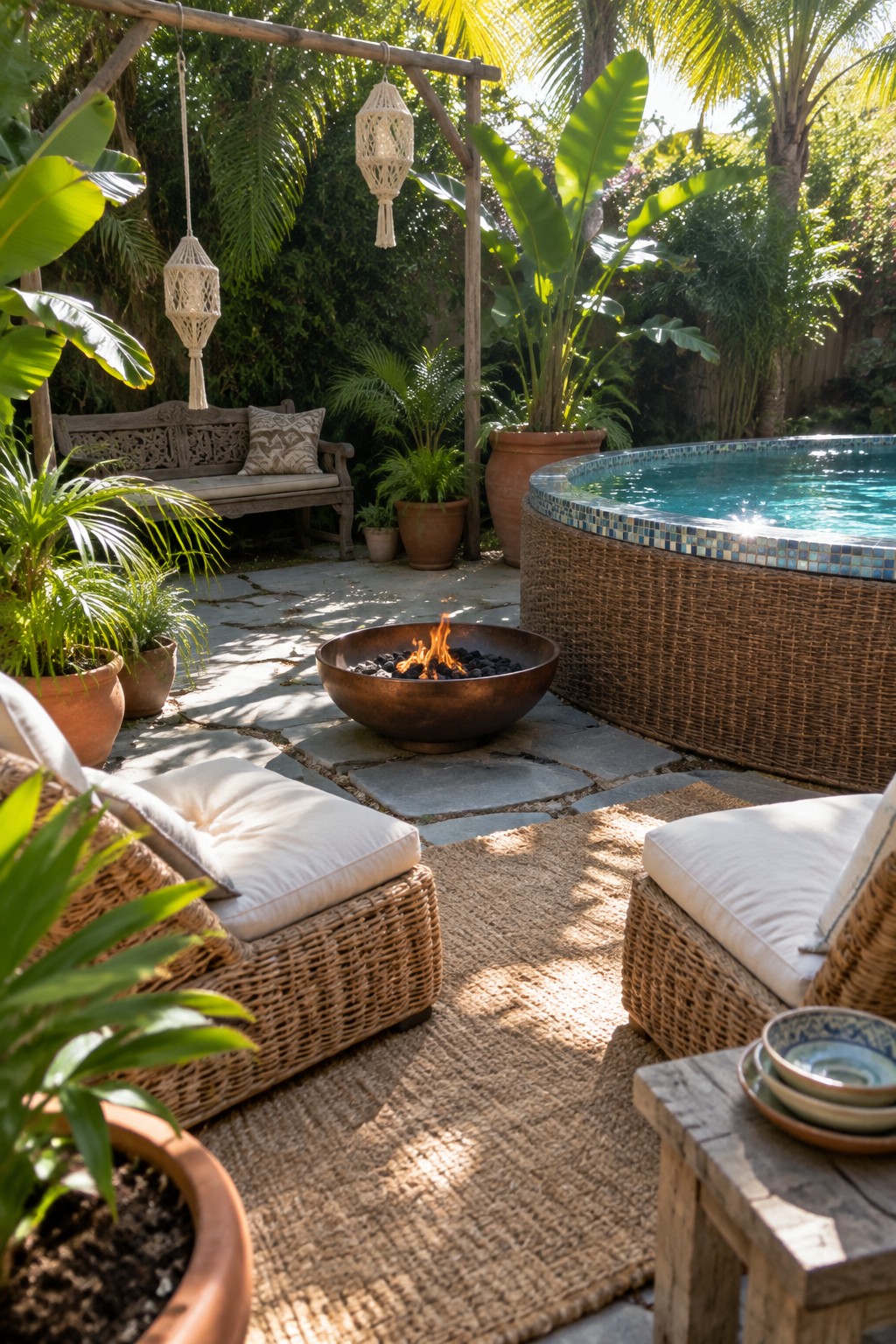 18 Inviting Above Ground Pool and Fire Pit Ideas for Backyard Entertaining A backyard scene showing an above ground pool with a woven exterior, a round metal fire pit on stone pavers, and wicker seating arranged on a large outdoor rug.