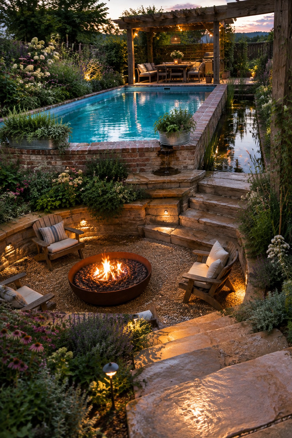18 Inviting Above Ground Pool and Fire Pit Ideas for Backyard Entertaining A backyard with a rectangular pool edged in brick, a circular fire pit set in gravel at a lower level with wooden chairs around it, and wide stone steps connecting the two areas under a wooden pergola.