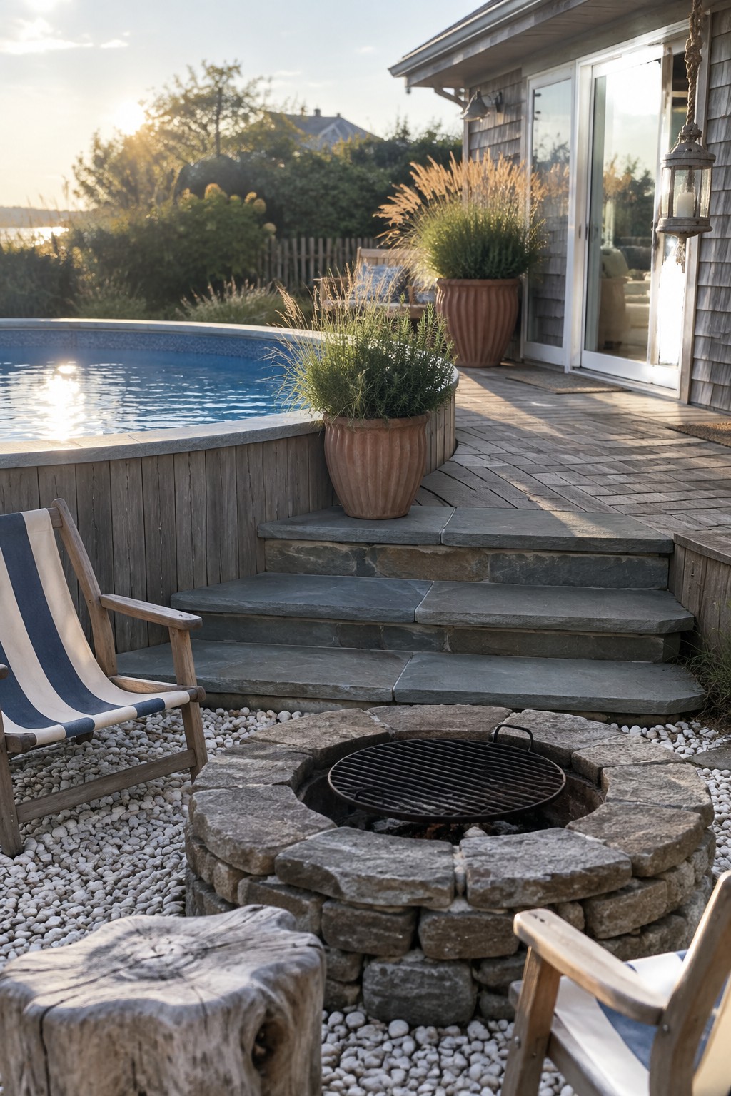 18 Inviting Above Ground Pool and Fire Pit Ideas for Backyard Entertaining An above-ground pool with wooden siding sits beside a stone patio with a circular fire pit, connected by wide stone steps, with wooden chairs and potted plants nearby.