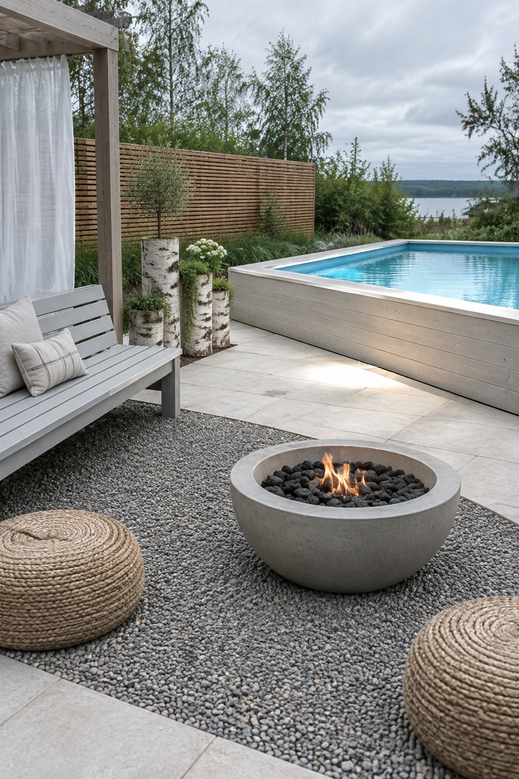 18 Inviting Above Ground Pool and Fire Pit Ideas for Backyard Entertaining A round concrete fire pit with flames sits on gray gravel next to a light gray tiled patio holding an above ground pool, with woven poufs and a wooden bench visible nearby.