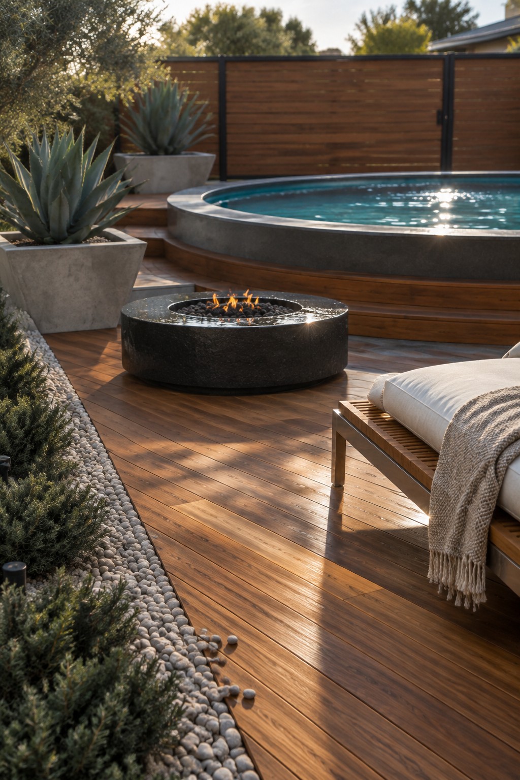 18 Inviting Above Ground Pool and Fire Pit Ideas for Backyard Entertaining A wooden deck with a round dark fire pit, an above-ground circular pool with concrete surround, potted plants along the edge, and a cushioned lounge chair on the right.