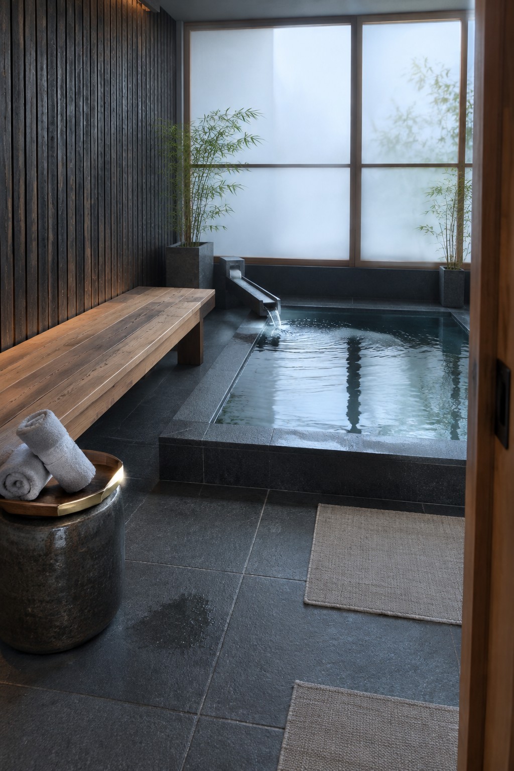 An indoor pool area with a long wooden bench along a dark wood wall, rolled towels on a metal stool, and a water spout filling the pool.