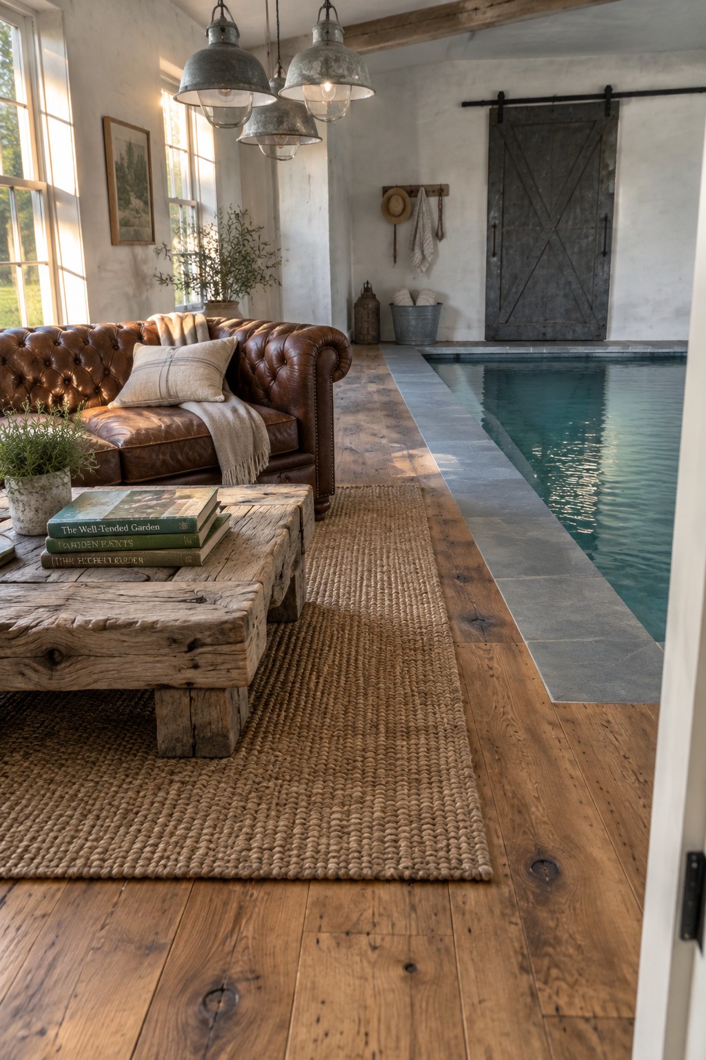 A brown leather tufted sofa with a wooden coffee table sits on a woven rug beside an indoor pool in a rustic room with large windows and a sliding barn door.