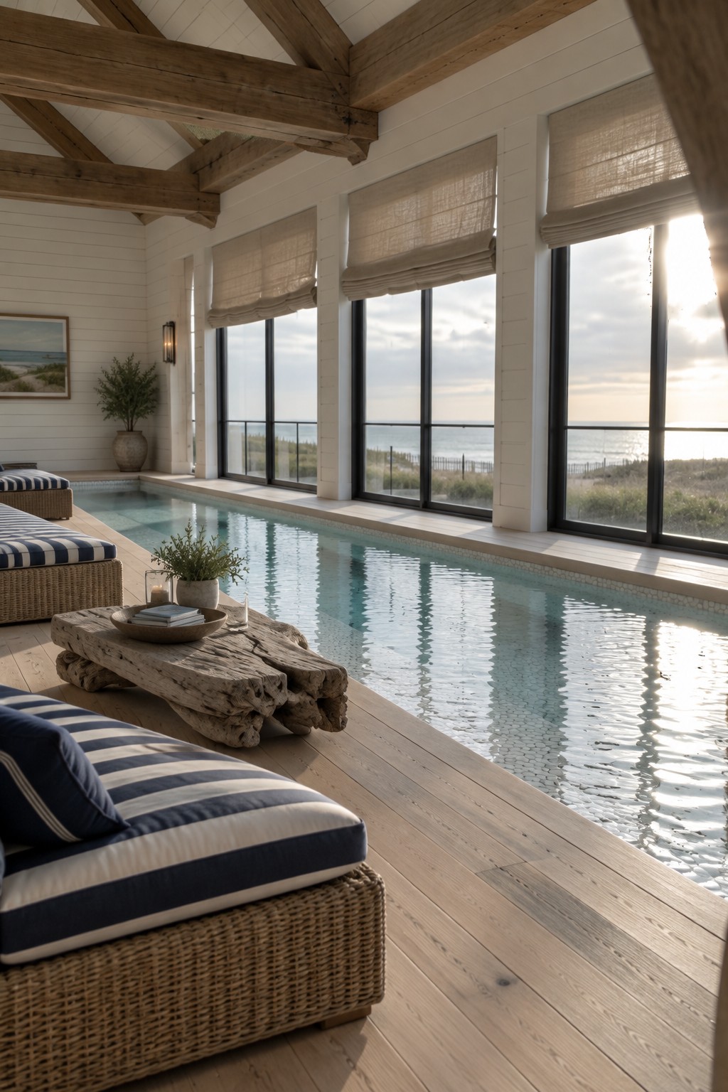 Indoor pool with ocean views, striped wicker loungers, and rustic driftwood table in sunlit room