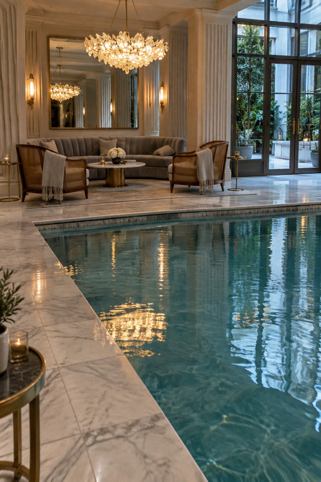 An indoor pool with a lounge area featuring a gray curved sofa, woven armchairs with throws, a round coffee table, and a large crystal chandelier reflected in the water.