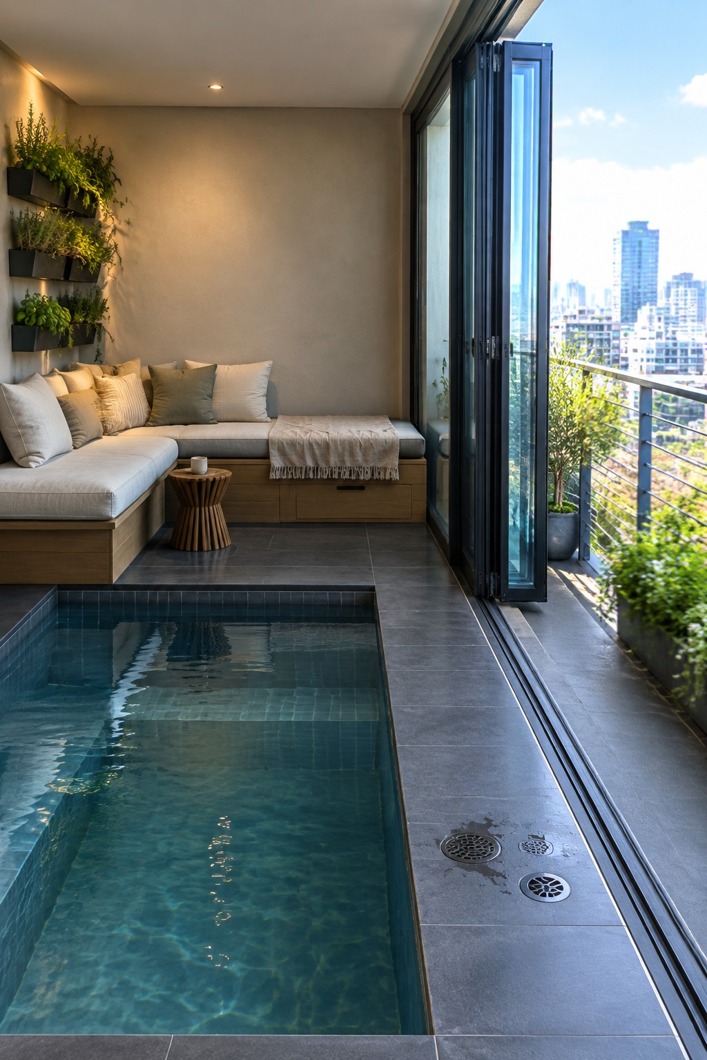 An indoor pool with a built-in wooden bench lounge area with cushions and pillows along one wall, next to large folding glass doors open to a balcony.