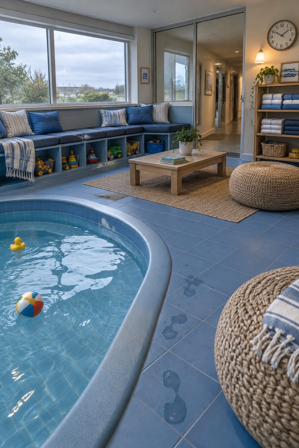 Blue-tiled indoor pool with floating duck and ball, wooden table, woven poufs, and toy bench.