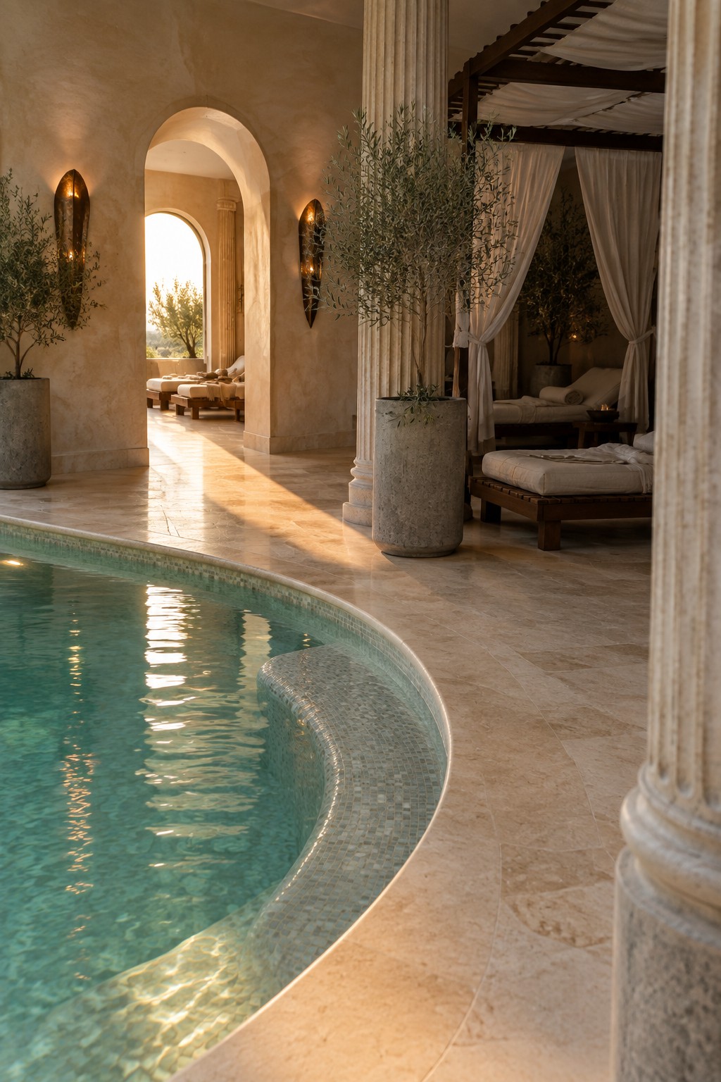 An indoor pool with a curved mosaic edge, stone flooring, potted olive trees, and wooden lounge daybeds with white draped canopies under arched ceilings.