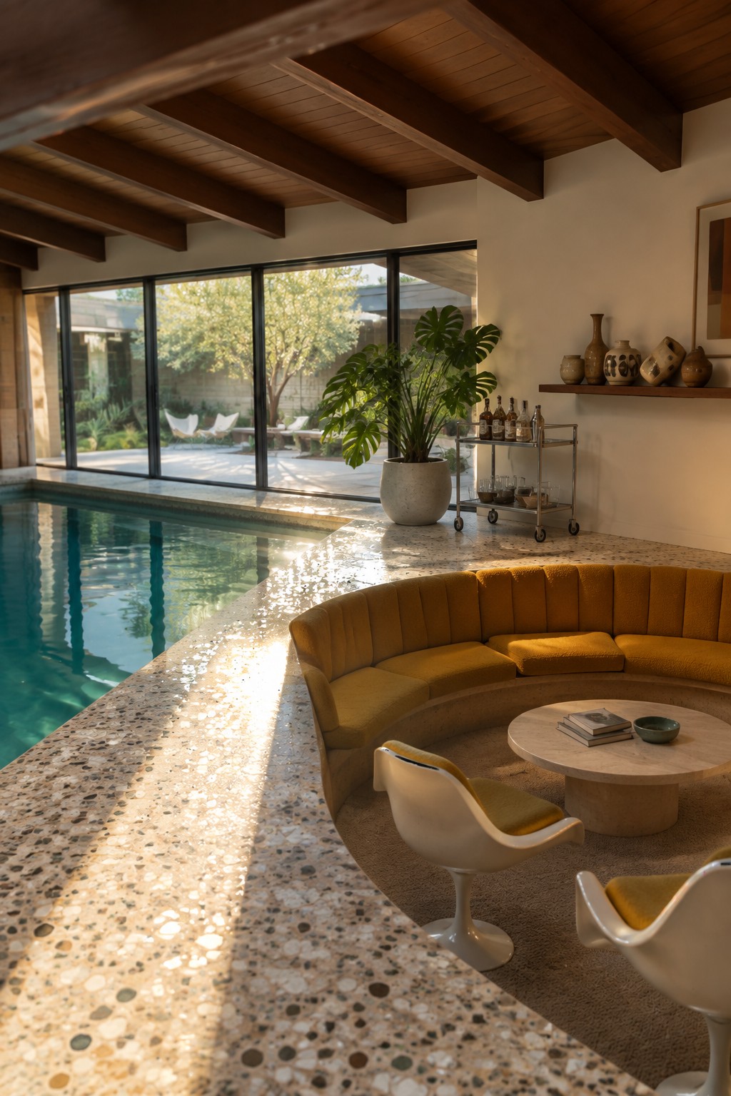 Indoor pool area with a curved mustard-yellow sectional sofa, round stone coffee table, and two white swivel chairs on speckled terrazzo flooring beside large glass doors.
