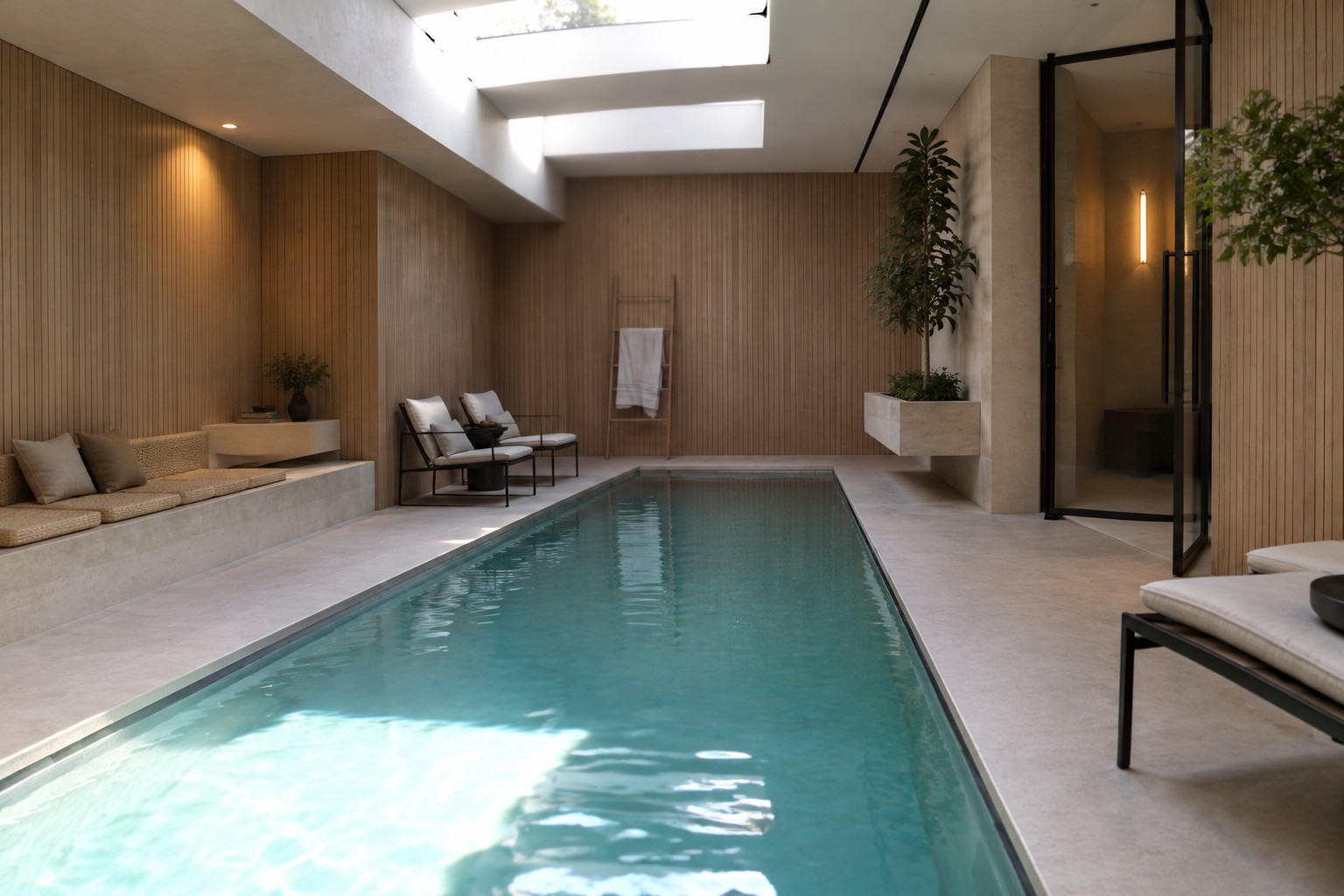 An indoor rectangular pool with turquoise water, a long concrete bench with woven cushions along the left side, vertical wood paneling on the walls, and two skylights in the ceiling.