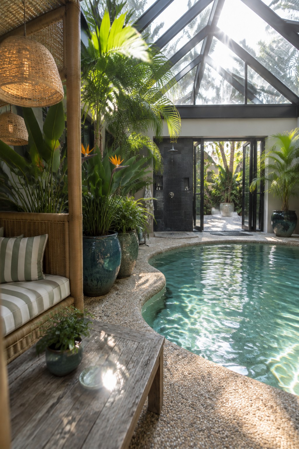 An indoor pool with curved pebble edge, multiple large potted tropical plants, a wicker lounge bench with striped cushions, and a glass ceiling with black frame.
