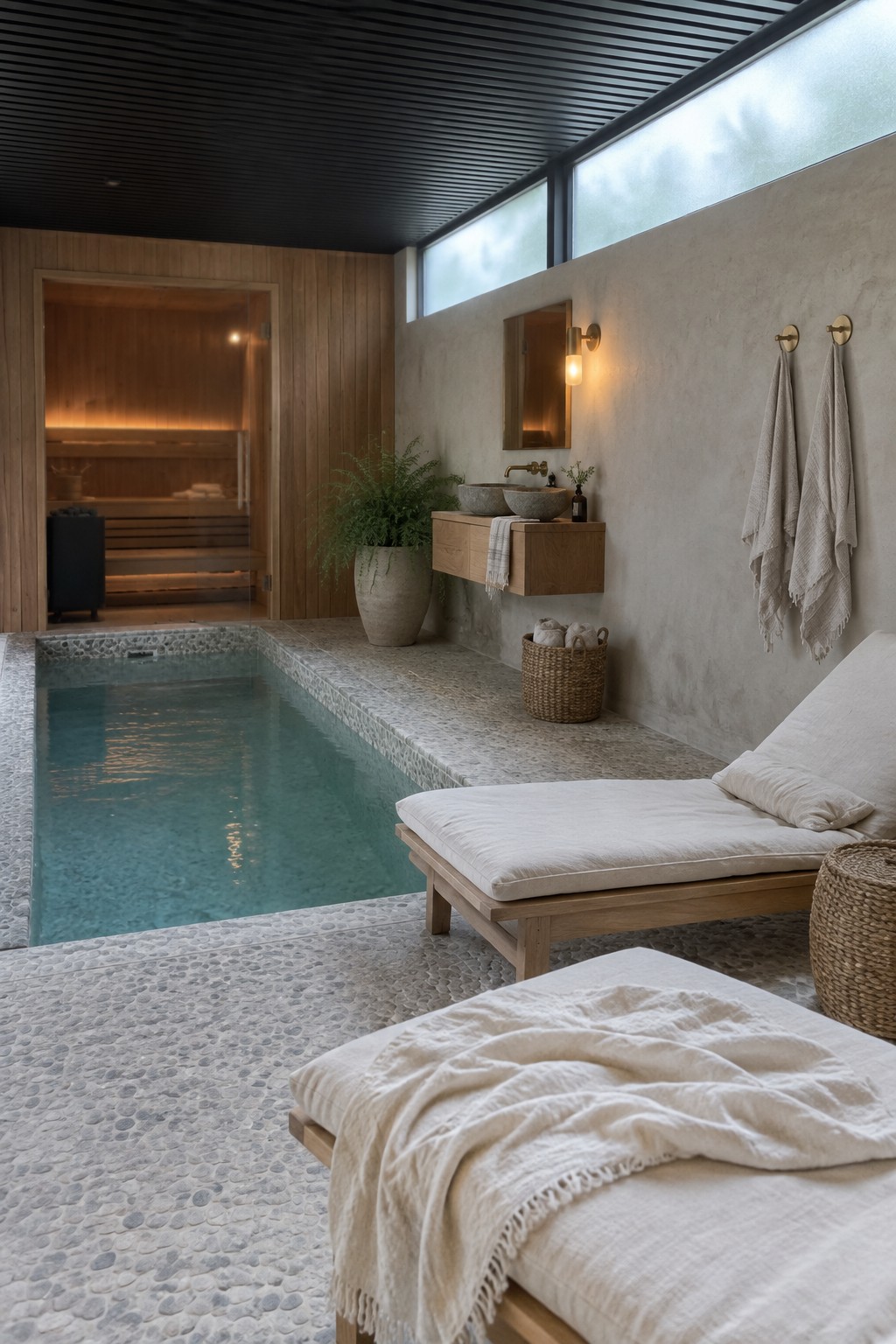 An indoor pool with pebble stone edging, two wooden lounge chairs with white cushions and throws, a wall-mounted vanity, and a wooden sauna visible in the background.