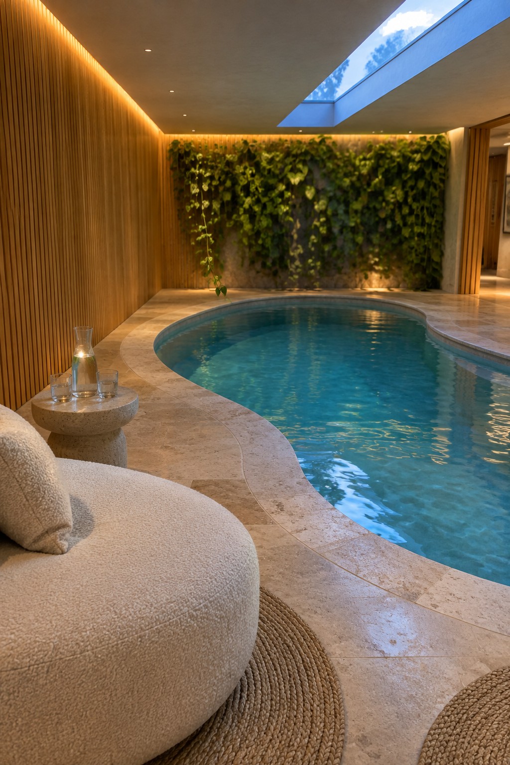 An indoor pool with curved stone edging, a white bouclé lounge chair and stone side table on a woven rug in the foreground, and a vertical garden wall in the background.