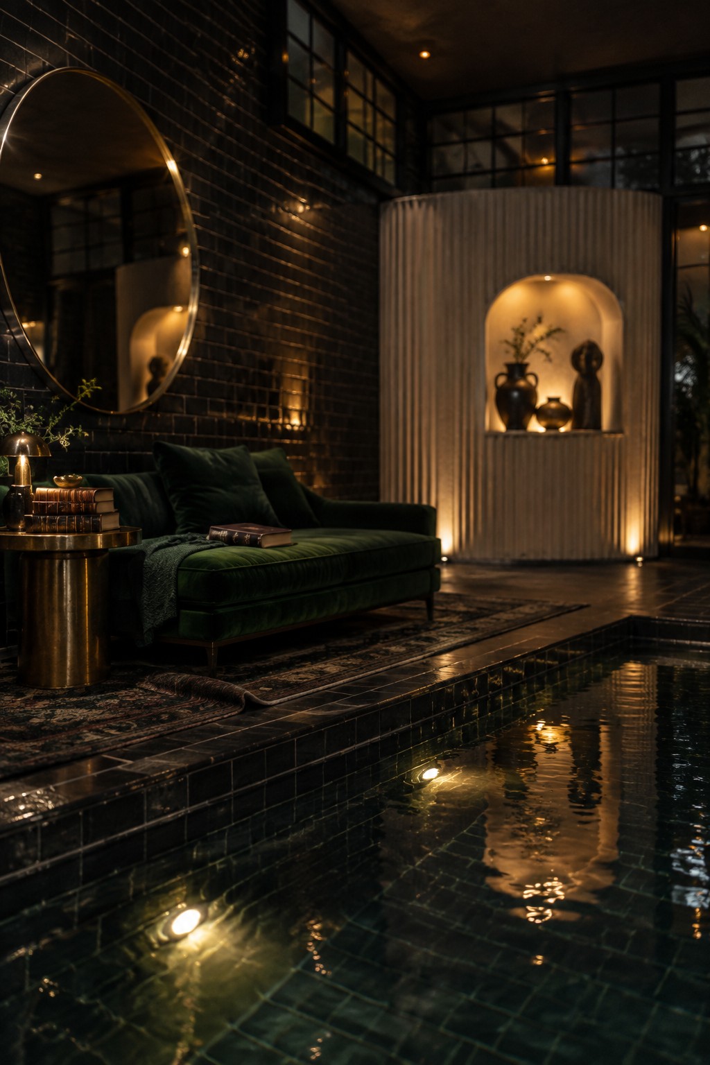 An indoor pool with dark tile coping next to a green velvet sofa on a patterned rug, with a round mirror on a black brick wall and a lit niche holding vases in the background.