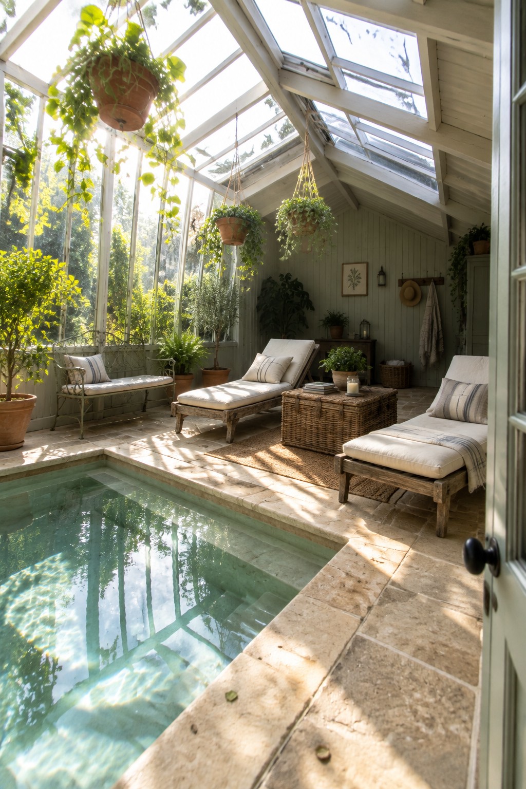 An indoor pool with multiple wooden lounge chairs on the stone deck beside the water, hanging plants overhead, and large windows and skylights letting in sunlight.