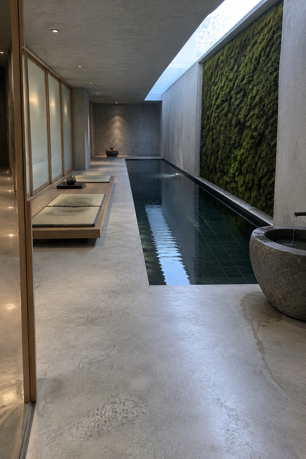 A narrow indoor lap pool runs alongside low wooden platforms with tatami mats on the left and a tall green moss wall on the right.