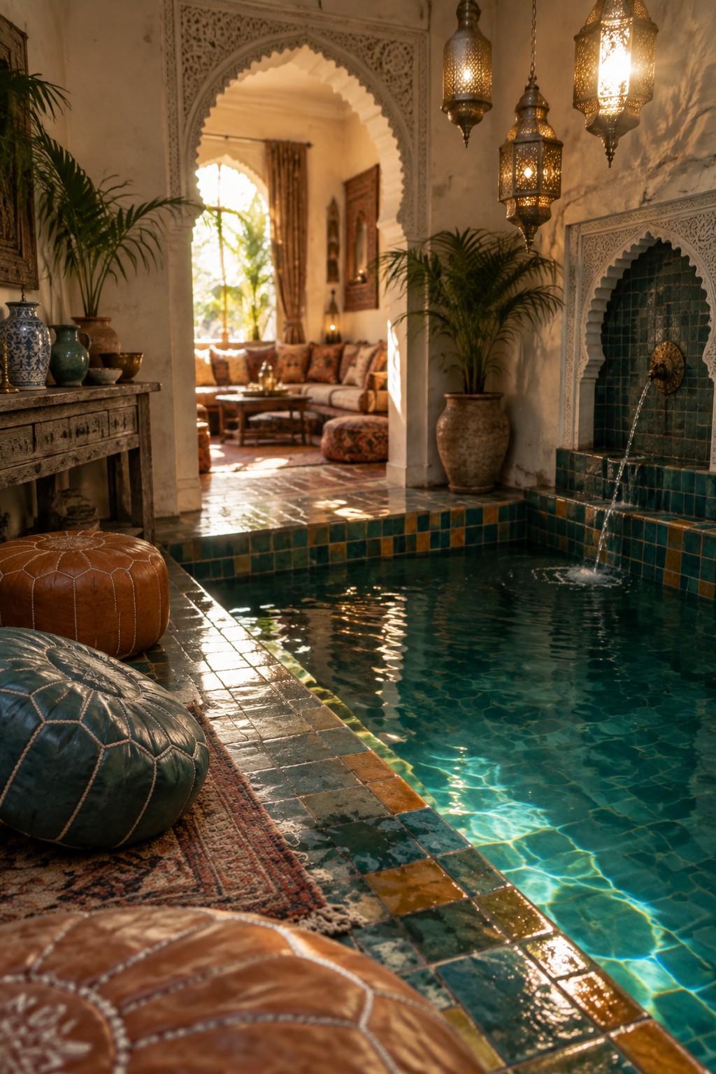 An indoor pool with blue-green water and a colorful tiled edge, surrounded by leather poufs on rugs and hanging metal lanterns.
